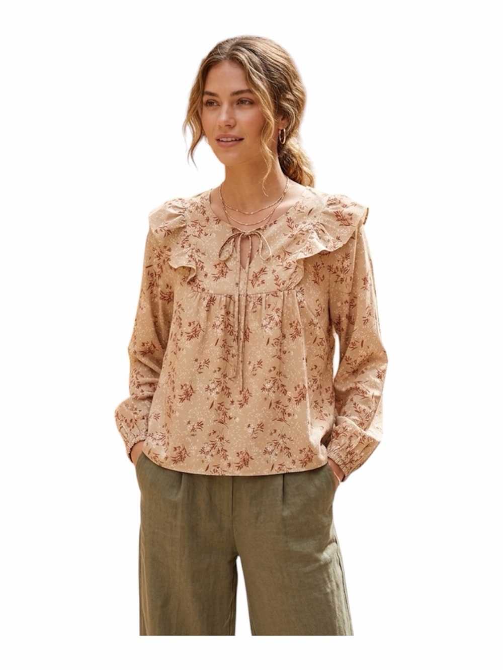 Anniewear Tan Floral Ruffle-Neck Blouse